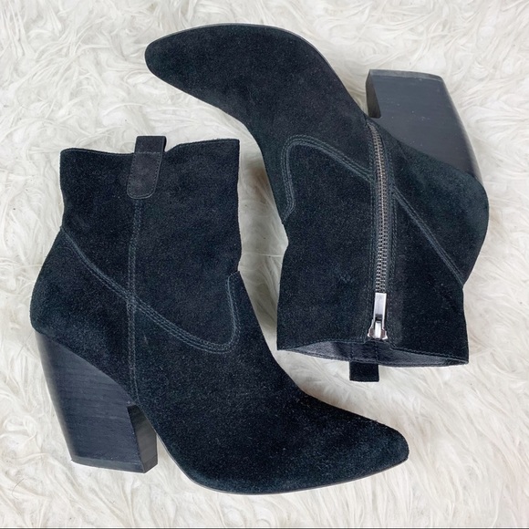 PELLE MODA Genuine Black Suede Chunky Stacked Heel Pointed Toe Zip Ankle Boots - Picture 3 of 12